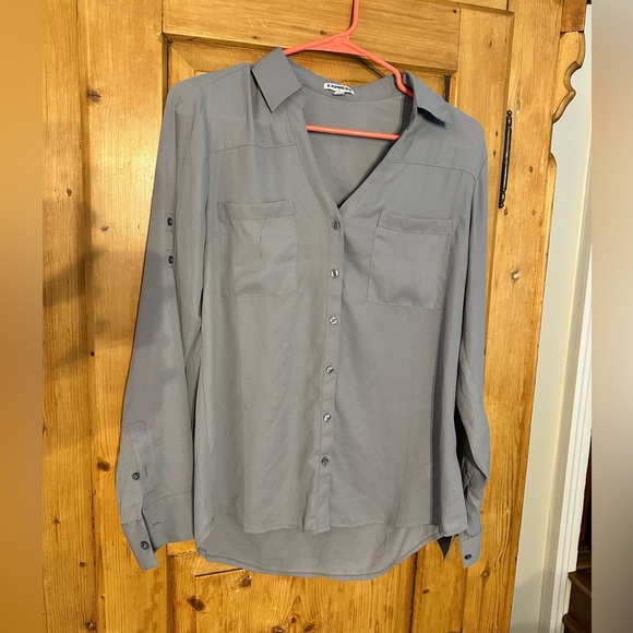 Express Blue Gray Button Up w/Deep V Blouse Size Medium - Picture 2 of 7